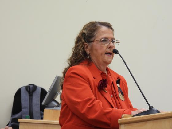Nassau Educational Support Personnel Association (NESPA) President Marian Phillips addresses the school board about the essential role of support staff and defends their share of millage funding. Photo by Tracy McCormick-Dishman/News-Leader