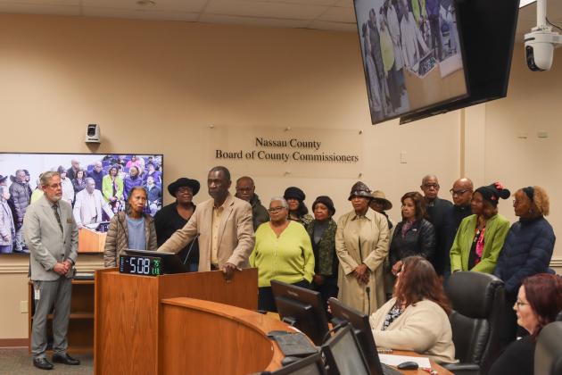 American Beach resident Erving Gilyard speaks at the Jan. 13 Board of County Commissioners meeting after Commissioner A.M. "Hupp" Huppmann a presented a proclamation to American Beach residents declaring Jan. 31 as American Beach Day and recognizing the historic district's 90th anniversary.