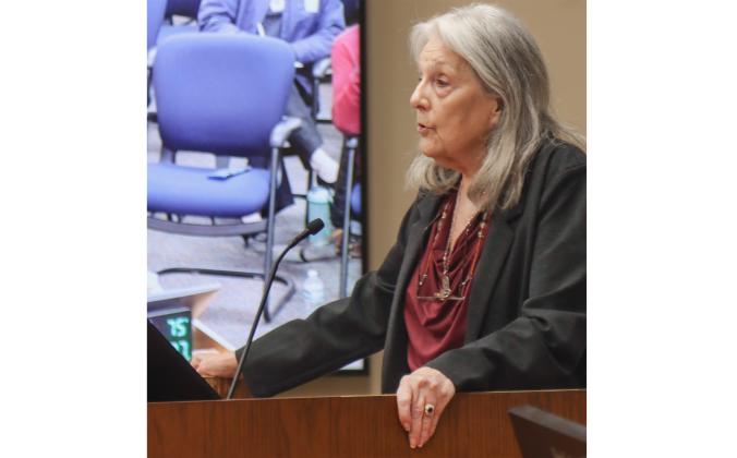 Margaret Kirkland, chair for Conserve Nassau, speaks Monday at the Board of County Commissioners meeting in the Commission Chambers at the James S. Page Governmental Complex. Photo by Ashley Chandler/News-Leader