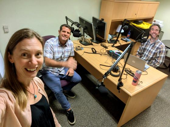 From left, Alyssa Vinson, UF/IFAS Hillsborough County extension agent, Dr. Hector Pérez and Taylor Clem, Nassau County extension agent, pose for a photo together in a traveling studio the duo set up at the state Florida-Friendly Landscaping office in Gainesville to record an episode of Cultivating Curiosity. Vinson and Clem, cohosts, interviewed Pérez for the first episode of 2025, titled A Couple of Seed Geeks. Submitted photo