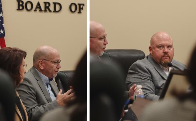 Left: Commissioner John Martin on Wednesday addresses a statement made Monday by Commissioner Alyson McCullough that claimed the board showed bias in passing her by for a vice-chair nominations. Right: Commissioner Klynt Farmer listens as John Martin addresses  a statement made Monday by Commissioner Alyson McCullough. Commissioners confirmed McCullough's comments were directed at Farmer. Photos by Ashley Chandler/News-Leader