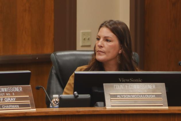 Commissioner Alyson McCullough listens Wednesday to Commissioner John Martin as the two discuss the statement McCullough made Monday that claimed the board showed bias in passing her by for a vice-chair nomination. Photo by Ashley Chandler/News-Leader