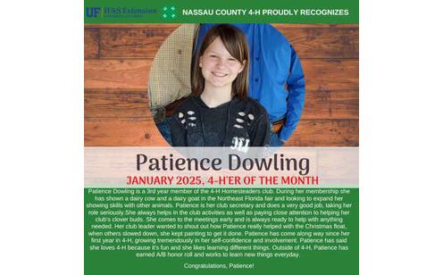 Patience Dowling named the January 2025 4-H'er of the month. Submitted