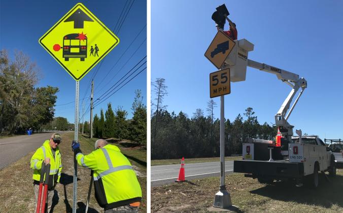 Left: Traffic Sign Technician Lead Nat Russel and Traffic Sign Technician I Jeffrey Bryant install one of two new "Bus Stop Ahead" signs on North Harts Road earlier this month. Right: Chase Scarborough installs a flashing beacon in Nassau County. Submitted photos
