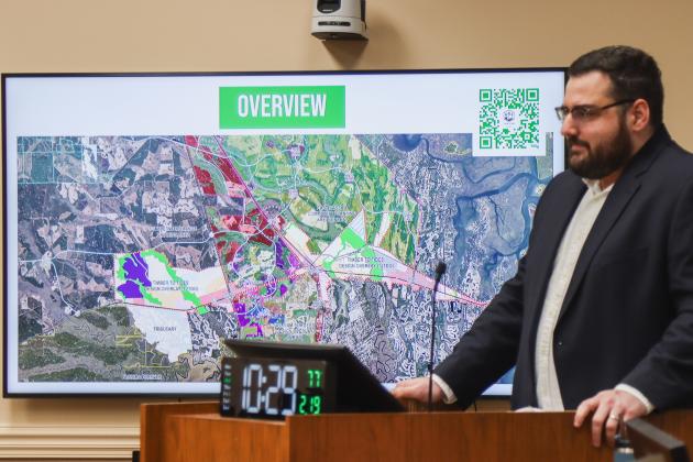 A slide shows the Timber to Tides Design Overlay District (T2TDO) at the Feb 19 Timber to Tides Workshop. Josh MacBeth presented the updates to the BOCC. Staff said the T2TDO will be up for adoption by June. Photo by Ashley Chandler/News-Leader