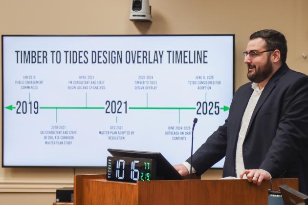 Josh MacBeth presented updates to the BOCC at the Timber to Tides Design Overlay District (T2TDO) Workshop on Feb. 19. Staff said the T2TDO will be up for adoption in June. Photo by Ashley Chandler/News-Leader
