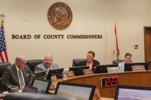 The Board of County Commissioners meet Wednesday in the Commission Chambers at the James S. Page Governmental Complex. From left, commissioners John Martin, Klynt Farmer, Jeff Gray and Alyson McCullough. Commissioner A.M. "Hupp" Huppmann was absent. Photo by Ashley Chandler/News-Leader