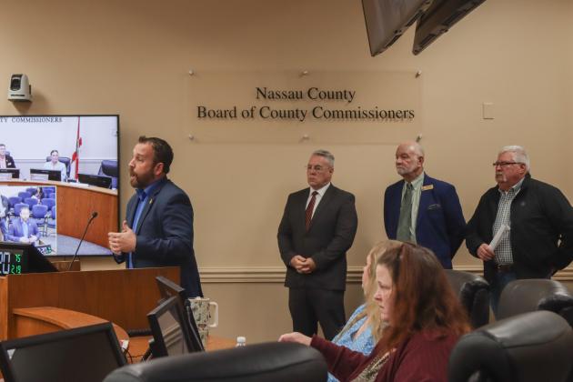 Ocean Highway Port Authority Chairman Justin Taylor gave a short presentation Wednesday at the Board of County Commissioners meeting. From left: OHPA commissioners Taylor, Scott Moore, Michael Cole and Ray Nelson.