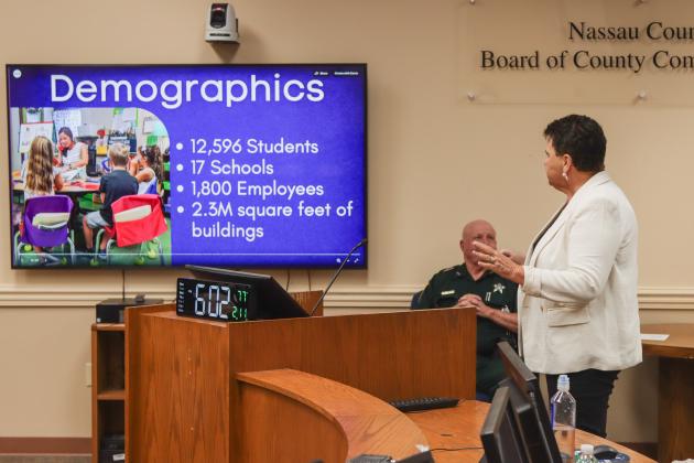 Superintendent Dr. Kathy Burns speaks Tuesday at the Board of County Commissioners joint meeting with the Nassau County School District. Photo by Ashley Chandler/News-Leader