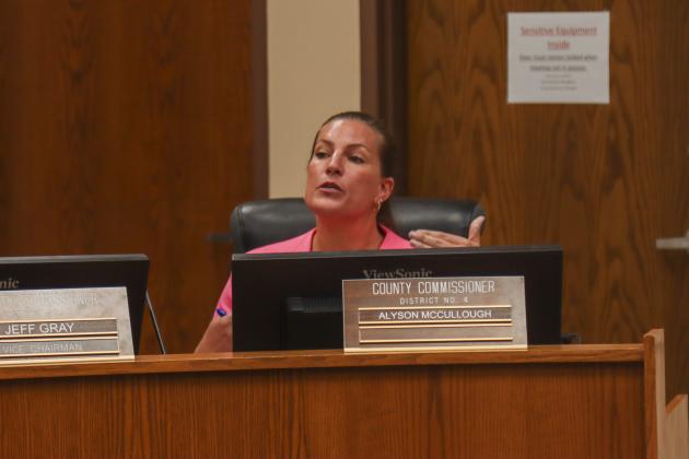 Commissioner Alyson McCullough speaks Tuesday at the Board of County Commissioners joint meeting with the Nassau County School District. Photo by Ashley Chandler/News-Leader