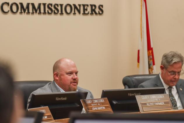 Commissioner Klynt Farmer speaks Tuesday at the Board of County Commissioners joint meeting with the Nassau County School District. Photo by Ashley Chandler/News-Leader