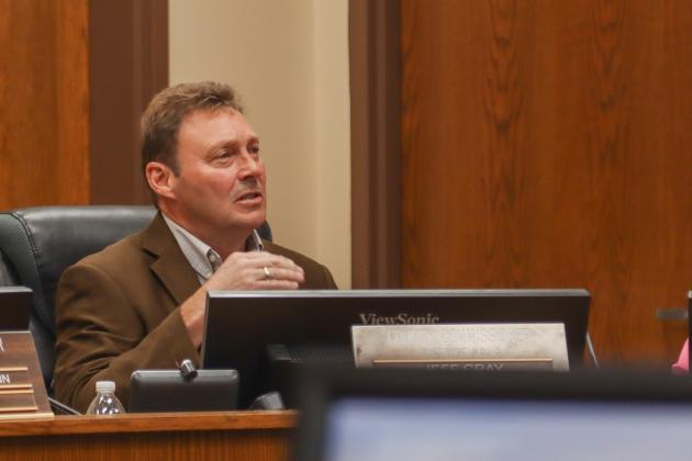 Vice-chairman Chairman of the Board of County Commissioners Jeff Gray speaks Tuesday at the Board of County Commissioners joint meeting with the Nassau County School District. Photo by Ashley Chandler/News-Leader