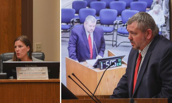 Left: Commissioner Alyson McCullough speaks Feb. 10 at the Nassau County Board of County Commissioner meeting in the James S. Page Governmental Complex. Right: Deputy County Manager Robert Companion speaks Feb. 10 at the Nassau County Board of County Commissioners meeting in the James S. Page Governmental Complex. Photos by Ashley Chandler/News-Leader