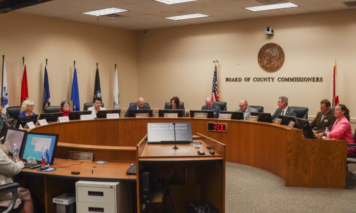 On Tuesday the Board of County Commissioners held a joint session with the Nassau County School District. From left: District board members Kristi Simpkins, Gail Cook, Superintendent Dr. Kathy Burns, County Manager Taco Pope, County Attorney Denise May, County commissioners John Martin, Klynt Farmer, A.M. "Hupp" Huppmann, Jeff Gray and Alyson McCullough. Photo by Ashley Chandler/News-Leader