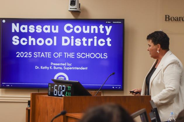 Superintendent Dr. Kathy Burns speaks Tuesday at the Board of County Commissioners joint meeting with the Nassau County School District. Photo by Ashley Chandler/News-Leader