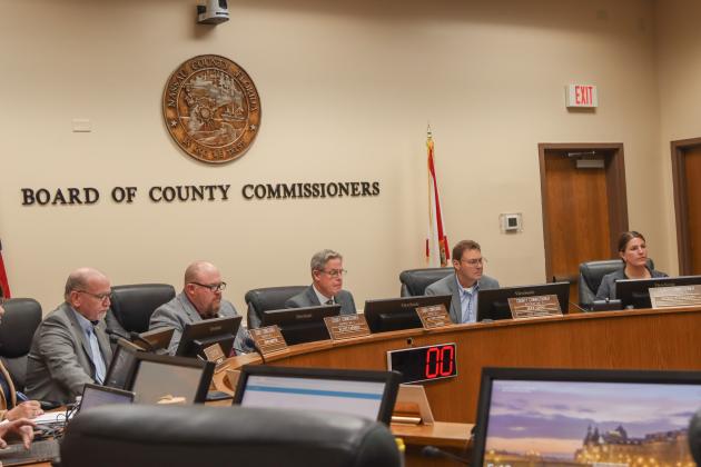 The Board of County Commissioners meets Monday in the Commission Chambers. From left, commissioners John Martin, Clint Farmer, A.M. “Hupp” Huppmann, Jeff Gray and Alyson McCullough. Photo by Ashley Chandler/News-Leader