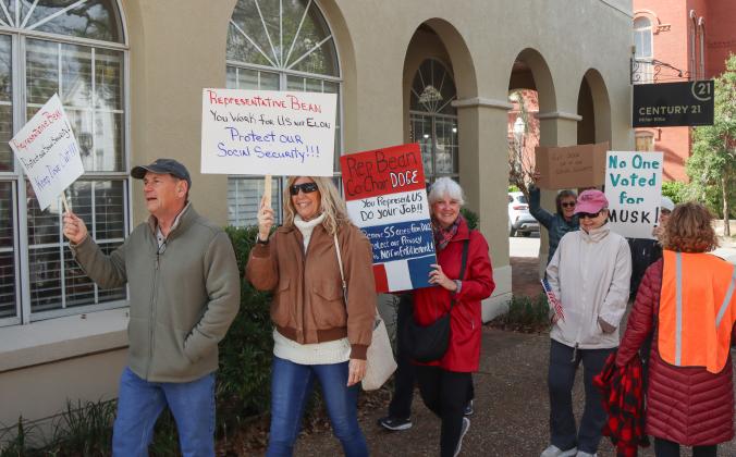 Protesters were Downtown on Thursday to voice their opinion on DOGE, Social Security and Elon Musk to Congressman Aaron Bean and his staff. Photos by Ashley Chandler/News-Leader