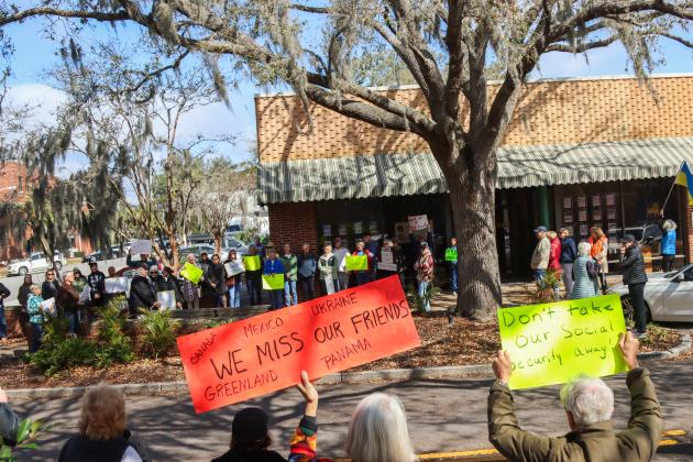 Protesters were Downtown on Thursday to voice their opinion on DOGE, Social Security and Elon Musk to Congressman Aaron Bean and his staff. Photos by Ashley Chandler/News-Leader