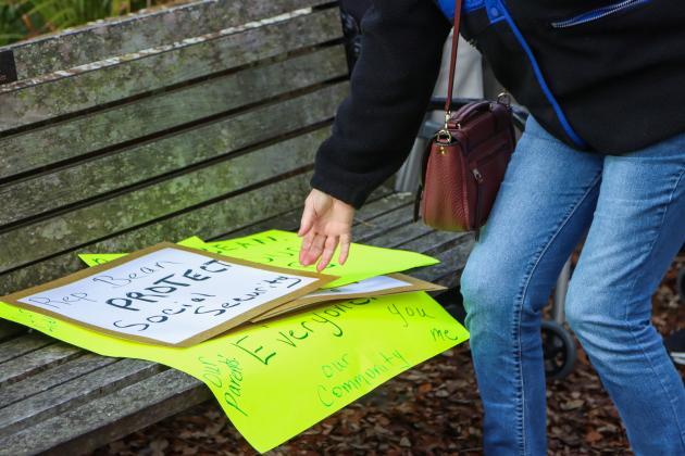 Protesters were Downtown on Thursday to voice their opinion on DOGE, Social Security and Elon Musk to Congressman Aaron Bean and his staff. Photos by Ashley Chandler/News-Leader
