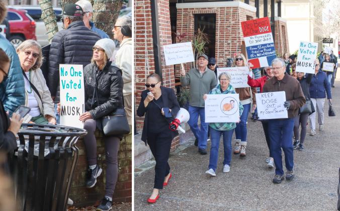 Protesters were Downtown on Thursday to voice their opinion on DOGE, Social Security and Elon Musk to Congressman Aaron Bean and his staff. Photos by Ashley Chandler/News-Leader
