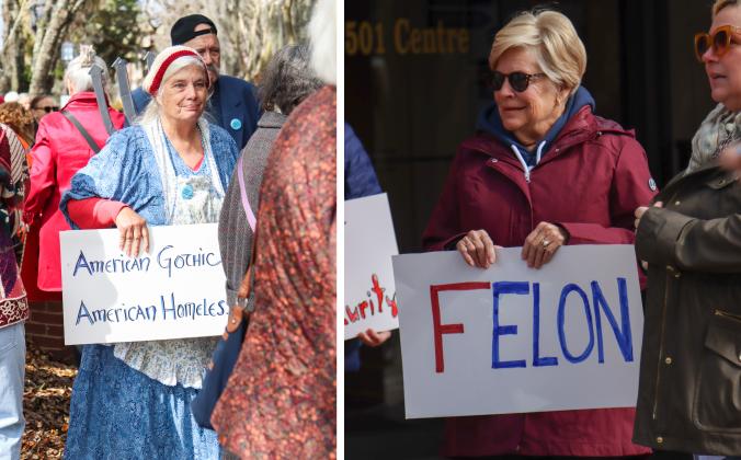 Protesters were Downtown on Thursday to voice their opinion on DOGE, Social Security and Elon Musk to Congressman Aaron Bean and his staff. Pictured is Zen Waters, left, and Karen Thompson, right. Photos by Ashley Chandler/News-Leader