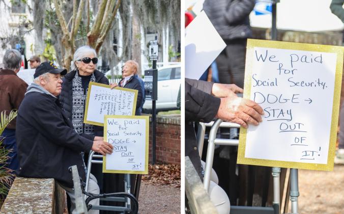 Protesters were Downtown on Thursday to voice their opinion on DOGE, Social Security and Elon Musk to Congressman Aaron Bean and his staff. Photos by Ashley Chandler/News-Leader