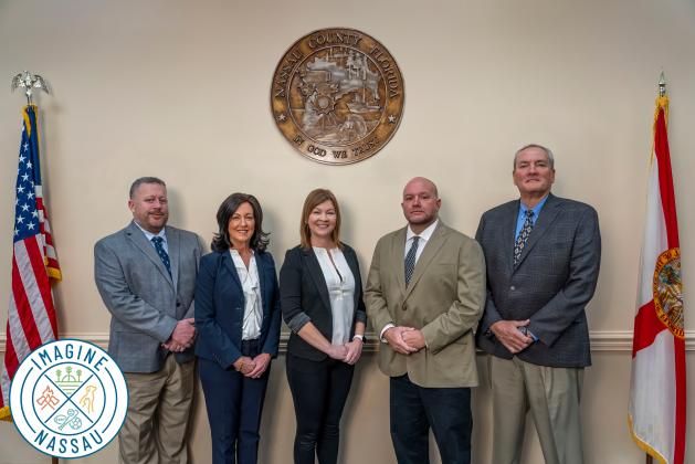 The leaders of Nassau County's nonprofit, Imagine Nassau, pose for a photo. From left, Tim Maguire, vice-president (Animal Services director); Holly Coyle, secretary (economic resources manager); Brandy Carvalho, acting executive director (director of strategic advancement); Jay Robertson, treasurer (Parks &amp; Recreation director); and Chief Brady Rigdon, president (Nassau County Fire Rescue fire chief). Submitted photo