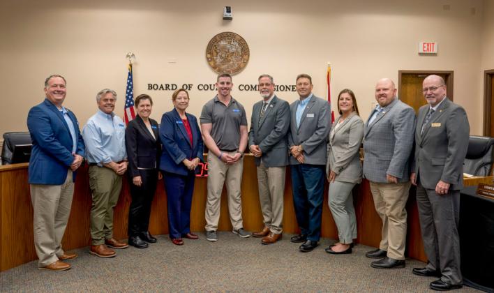 From left: Fernandina Beach City commissioners Darron Ayscue, Tim Poynter, Joyce Tuten, Genece Minshaw, Fernandina Beach Mayor James Antun, Nassau County commissioners A.M. "Hupp" Huppmann, Jeff Gray, Alyson McCullough, Klynt Farmer and John Martin at the joint meeting between the Fernandina Beach City Commissioners and the Nassau County Board of County Commissioners on Thursday at the James S. Page Governmental Complex. Submitted photo