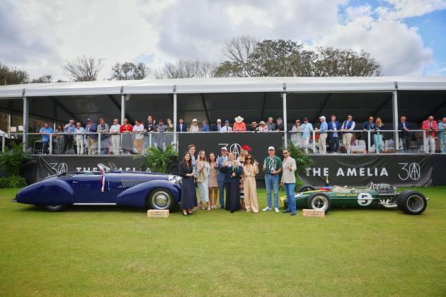 A 1938 Alfa Romeo 8C 2900B, left, won Best of Show “Elegance” while Chris MacAllister’s Jim Clark-driven Lotus 49 F1 race car, right, captured Best in Show “Sport” at the Amelia Concours. Photo courtesy Deremer Studios