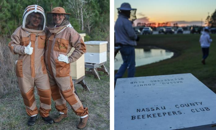 Left: Matt and Jenn Price, new members of the Nassau County Beekeepers Association at the Feb. 27 mentoring session. Right: The Nassau County Beekeepers Association meets Feb. 27 at the Northeast Florida Fairgrounds. Photo by Ashley Chandler/News-Leader