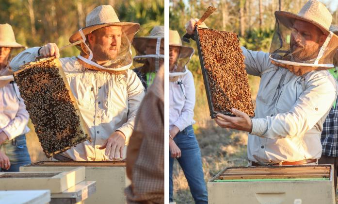 Myron Beachy, president of Nassau County Beekeepers Association, teaches members of the group about beekeeping Feb. 27 at a mentoring session held at the Northeast Florida Fairgrounds. Photo by Ashley Chandler/News-Leader