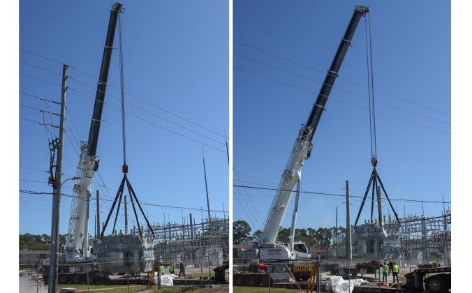 Electrical technicians and contractors work together to move a 97,000-pound transformer into the substation located at Lime and 10th streets. Photo by Ashley Chandler/News-Leader