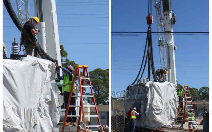 Electrical technicians and contractors work together to move a new transformer into the substation located at Lime and 10th streets. Photo by Ashley Chandler/News-Leader
