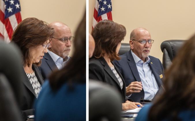 Left: County Attorney Denise May speaks Monday at the Board of County Commissioners meeting. Right: Commissioner John Martin, right, addresses concerns of House Bill 1221 with County Attorney Denise May on Monday at the Board of County Commissioners meeting. Photos by Ashley Chandler/News-Leader