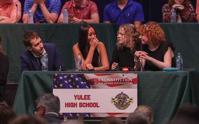 The second-place Yulee High School team was coached by Thomas Blake with the student team of Ethan Morris, Jenny Ta, Emma Amos and Reagan Amos. Photo by Ashley Chandler/News-Leader