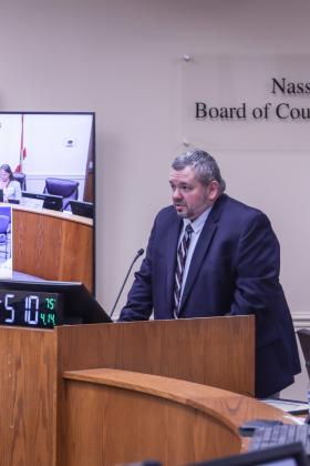 Deputy County Manager Robert Companion speaks at the April 14 Nassau County Board of County Commissioners meeting, in the Commission Chambers. Photo by Ashley Chandler/News-Leader