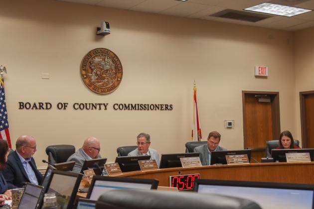 The Board of County Commissioners meets March 10 in the Commission Chambers. From left, commissioners John Martin, Klynt Farmer, A.M. "Hupp" Huppmann, Jeff Gray and Alyson McCullough. File photo/News-Leader