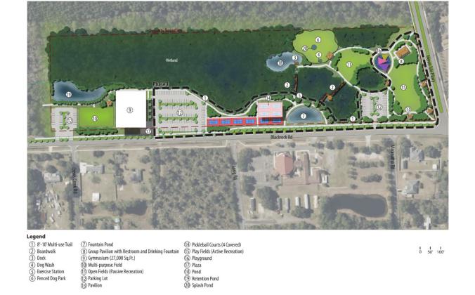 Nassau County Parks &amp; Recreation hosted an Open House on March 27 to unveil the conceptual design plan for Blackrock Cove Park. Phase One of the park is outlined with a dashed black line. The final amenities to be built in Phase One will be based on available funding, but the county anticipates it will include pickleball courts, walking paths, flex green space, play areas, pavilions, outdoor fitness, restrooms and parking
