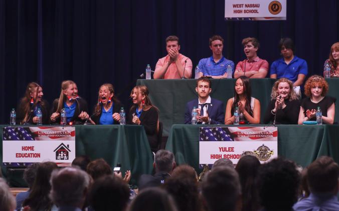The Home Education team won the 2025 Constitution Bowl, coached by Alisa Burbo, Amelia Burbo, Amelia Hawkes, Eva Hawkes and Lauren Walters. Photo by Ashley Chandler/News-Leader