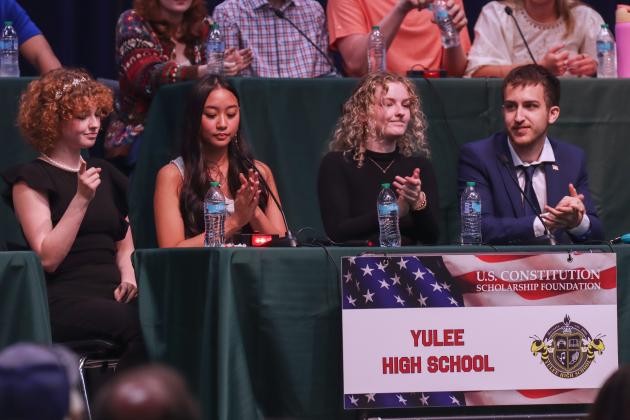 The second-place Yulee High School team was coached by Thomas Blake with the student team of Ethan Morris, Jenny Ta, Emma Amos and Reagan Amos. Photo by Ashley Chandler/News-Leader