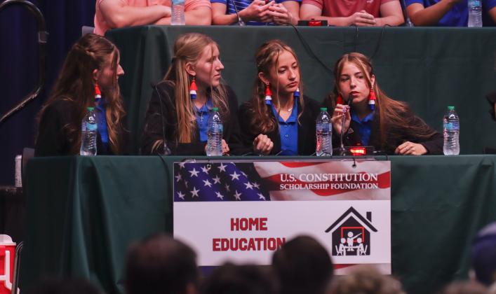 The Home Education team won the 2025 Constitution Bowl, coached by Alisa Burbo, Amelia Burbo, Amelia Hawkes, Eva Hawkes and Lauren Walters. Photo by Ashley Chandler/News-Leader