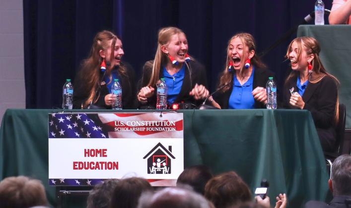 The Home Education team won the 2025 Constitution Bowl, coached by Alisa Burbo, Amelia Burbo, Amelia Hawkes, Eva Hawkes and Lauren Walters. Photo by Ashley Chandler/News-Leader