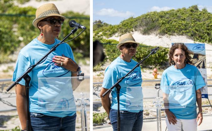 Left, Pam McCorkle Buncum, treasurer for Save American Beach, Inc. speaks at a press conference Wednesday to discuss the lawsuit the nonprofit filed against Nassau County on Tuesday in an attempt to end beach driving at American Beach. Left, Buncum and Mary Bazemore of Save American Beach Inc., take questions at the press conference held Wednesday. Photo by Ashley Chandler/News-Leader