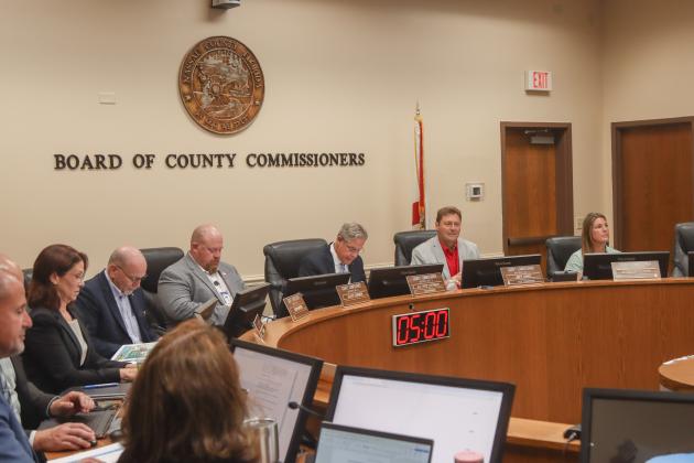 The Board of County Commissioners meets May 12 in the Commission Chambers at the James S. Page Governmental Complex. From left, County Attorney Denise May, commissioners John Martin, Klynt Farmer, A.M. "Hupp" Huppmann, Jeff Gray and Alyson McCullough. Photo by Ashley Chandler/News-Leader