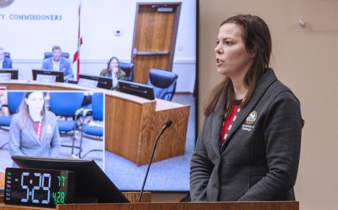 Nassau County Stormwater Director Katie Peay speaks at the April 28 Board of County Commissioners meeting in the Commissioners Chambers at the James S. Page Governmental Complex. Photo by Ashley Chandler/News-Leader