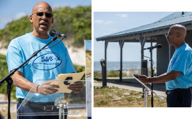 Mark Dawkins, acting chair for Save Historic American Beach, Inc. speaks at a press conference Wednesday to discuss the lawsuit the nonprofit filed against Nassau County on Tuesday in an attempt to end beach driving at American Beach. Photo by Ashley Chandler/News-Leader