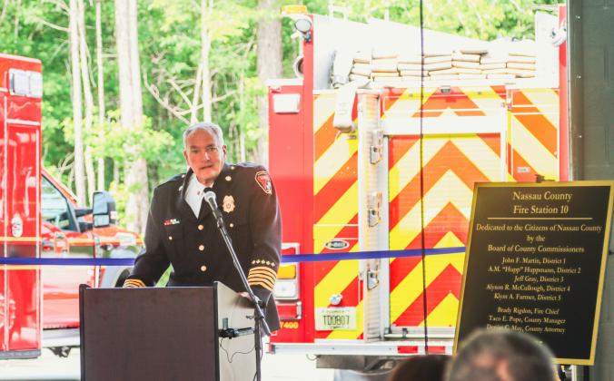Nassau County Fire Rescue Chief Brady Rigdon speaks at the ribbon-cutting ceremony for Fire Station 10, held in at the station in Yulee on Wednesday. Photo by Ashley Chandler/News-Leader
