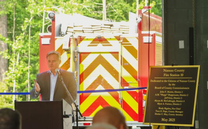 Mike Taylor, president of GreenPointe, speaks at the ribbon-cutting ceremony for Fire Station 10 held in at the station in Yulee on Wednesday. Photo by Ashley Chandler/News-Leader