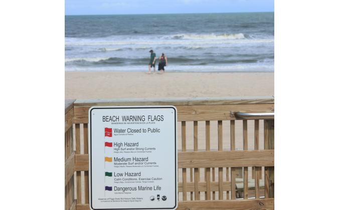 Signs, like this one at Seaside Park, are posted outside all Nassau County and Fernandina Beaches to inform visitors what the flags posted at the lifeguards stands mean. Photo by Ashley Chandler/News-Leader