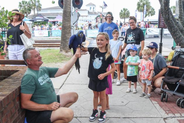 Shrimp Festival hosted a number of pets. Many dogs joined their owners at the events, a racoon was in the parade and one attendee brought his friendly blue macaw to greet visitors Saturday. Top right, this dog had his feet protected from the hot pavement Sunday with a pair of dog Crocks. Photos by Ashley Chandler/News-Leader